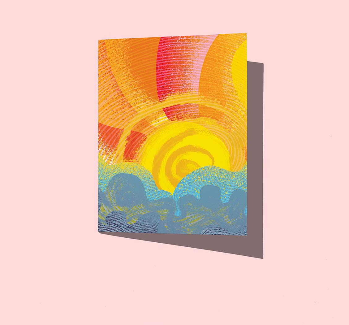 A stylized chalk-like drawing of an ocean sunset